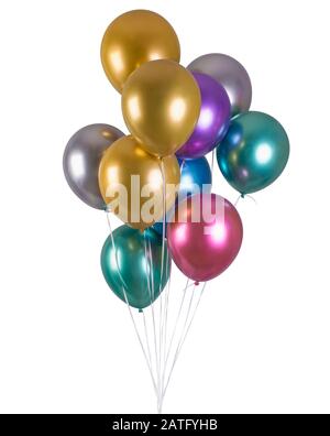 Un mazzo di palloncini metallizzati multicolore per vacanze isolate su sfondo nero Foto Stock