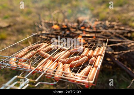 Salsicce alla griglia in gioco. Un picnic in natura al tramonto. Sapore d'estate. Foto Stock