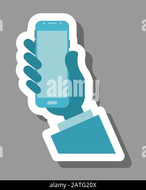 Tenere premuta l'icona dello smartphone per i simboli di presentazione. Tutti gli oggetti, le ombre e lo sfondo sono in livelli diversi. Illustrazione Vettoriale