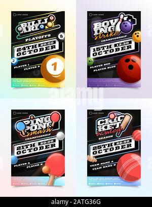 Vettore Set Di Annunci Sport Flyer. Biliardo, bowling, ping pong tennis e logo con l'emblema del cricket. Modello Di Promozione Design For Sport Bar. Torneo Moderno Illustrazione Vettoriale