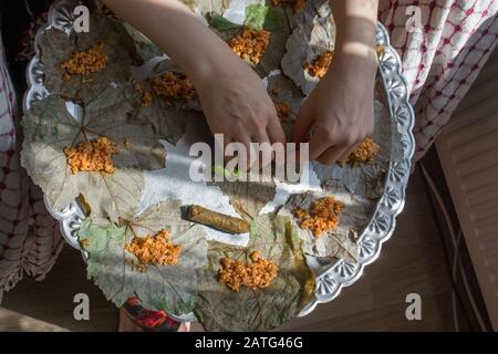 Fare ripieni di foglie di uva in stile turco come delizioso piatto Foto Stock