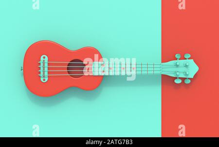 Soprano ukulele rosso verde Vista dall'alto rappresentazione 3D su sfondo rosso e verde Foto Stock