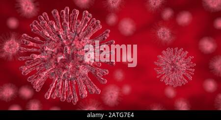 Virus rossi con peli e texture ruvida fluttuanti su sfondo rosso scuro. Illustrazione 3D Foto Stock