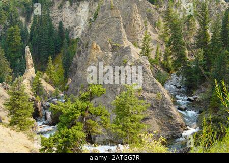 Il Tower Creek scorre velocemente attraverso le torri scolpite di roccia poco prima che sia lungo cadere come le Tower Falls. Foto Stock