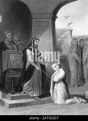 Incisione della regina Ester prima del re Assuero. Da un'edizione di Josephus, stampato nella 1800s. Foto Stock