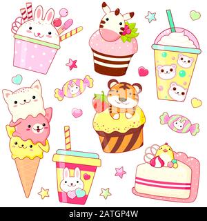Set vettoriale di gelato a forma di animale, dessert e torta - vaniglia, cioccolato, fragola. Collezione di adesivi carini in stile kawaii per un design dolce Illustrazione Vettoriale