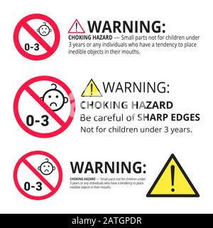 Non adatto a bambini sotto i 3 anni che soffocano i cartelli di pericolo vietato adesivi con set isolato su sfondo bianco immagine vettoriale. Triangolo segnaletico Illustrazione Vettoriale
