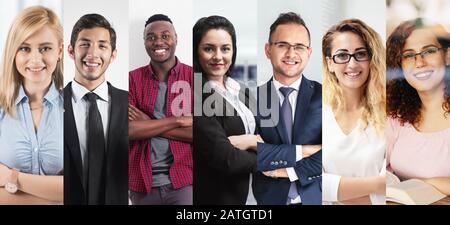 Ritratti di un gruppo etnico di giovani di professionisti aziendali focalizzati. Collage e concetto di lavoro di squadra Foto Stock