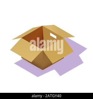 Scatola di imballaggio in cartone isometrica. Icone realistiche 3D. Cartone, imballaggio artigianale, illustrazione vettoriale isolata Illustrazione Vettoriale