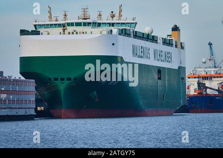 Bremerhaven, Germania, 16 gennaio 2020: Il Tito, una grande nave da carico della compagnia di navigazione Wallenius Wilhelmsen dalla Scandinavia, ancoraggi nella i Foto Stock