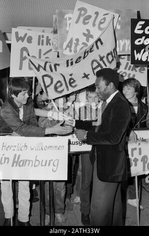 Pele, brasilianischer Fußballspieler, wird von Fans bei der Ankunft am Flughafen Hamburg stürmisch begrüßt, Deutschland 1981. I tifosi danno un caloroso benvenuto al calciatore brasiliano Pele al suo arrivo all'aeroporto di Amburgo, Germania 1981. Foto Stock