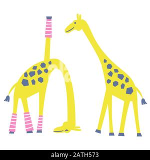 Cute yoga giraffe isolato vettore cartone animato illustrazione. Illustrazione Vettoriale