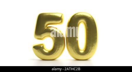 50 Cinquanta numeri. Pallone di colore lucido, scintillante e dorato del numero 50 isolato su sfondo bianco. Anniversario d'oro. figura 3d Foto Stock
