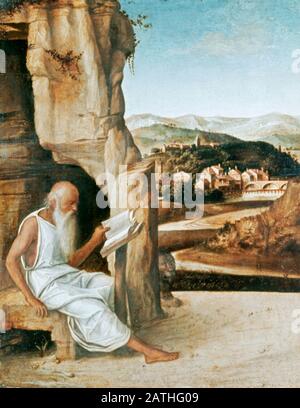 Giovanni Bellini Scuola Italiana St Jerome Reading in a Landscape c. m.a Tempera e olio su Panel Oxford, Ashmolean Museum Foto Stock