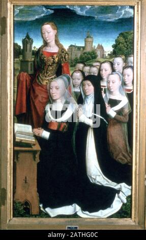 Trittico della famiglia Moreel', Particolare, 1484. Situato nella collezione presso, Museo Groeninge, Bruges. Foto Stock