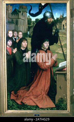 Trittico della famiglia Moreel', Particolare, 1484. Situato nella collezione presso, Museo Groeninge, Bruges. Foto Stock