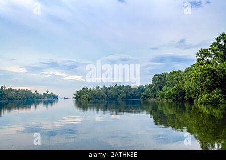 Bellissimo paesaggio di backwater del Kerala, India con cielo limpido e vegetazione verde e la loro riflessione sull'acqua Foto Stock
