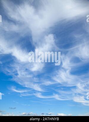 Formazione di nubi bianche con un vibrante cielo blu. Perry Green, Molto Hadham, Hertfordshire. REGNO UNITO Foto Stock