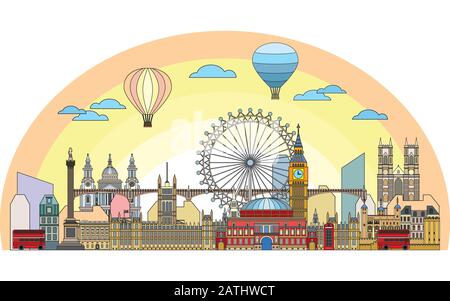 Variopinto set di opere d'arte della linea vettoriale dei monumenti di Londra. Illustrazione del vettore skyline all'alba. Set di vettore colorato illustrazione delle attrazioni di L. Illustrazione Vettoriale