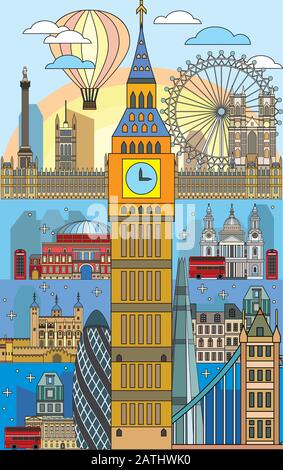 Immagine colorata della linea vettoriale dei punti di riferimento di Londra. Poster con illustrazione isolata dello skyline cittadino di Londra. Vettore verticale Londra indietro Illustrazione Vettoriale