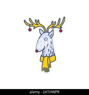 Vettore Rudolph Il Ritratto Del Capo Del Cervo Del Naso Rosso, Raindeer Felice Con L'Illustrazione Del Vettore Di Baubles Su Horns Isolato Su Sfondo Bianco, Feste Invernali Illustrazione Vettoriale