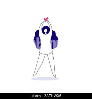 Donna Che Tiene Il Cuore Che Mostra L'Amore, L'Autunno Nell'Amore, Celebrando Il Concetto Di Libertà Di Sensibilità, Le Relazioni E Lo Stile Di Vita Di Festa Di Valentine, Il Fl Moderno Di Metà Secolo Illustrazione Vettoriale