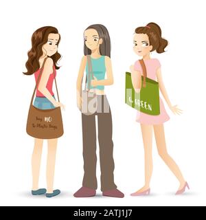 Le ragazze moderne che tengono la borsa del tessuto della tela per lo shopping isolato su sfondo bianco Illustrazione Vettoriale