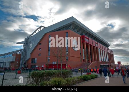 Vista del nuovo stand principale di Anfield, sede del Liverpool Football Club, Foto Stock