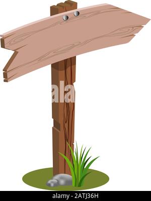 Cartoon in legno vettore bianco segno poster isolato su bianco. Cartoon props freccia di vecchio legno albero vuoto banner con l'erba e le pietre sul fondo Illustrazione Vettoriale