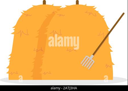 Balla di hays con immagine vettoriale hayfork sfondo bianco isolato.disegno Flat hays Illustrazione Vettoriale