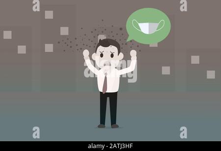 Inquinamento dell'aria PM2.5 con l'uomo d'affari che manca un mask.Vector Illustration.Man non indossando una maschera nella città sporca Illustrazione Vettoriale