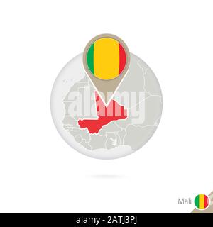 Mali mappa e bandiera in cerchio. Mappa di Mali, Mali pin bandiera. Mappa del Mali nello stile del globo. Illustrazione Vettoriale. Illustrazione Vettoriale
