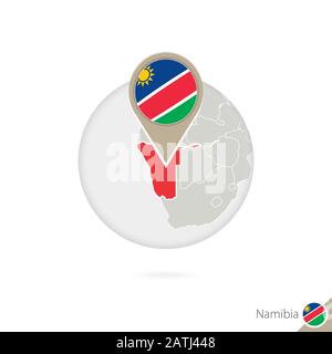 Namibia mappa e bandiera in cerchio. Mappa di Namibia, Namibia bandiera pin. Mappa della Namibia nello stile del globo. Illustrazione Vettoriale. Illustrazione Vettoriale