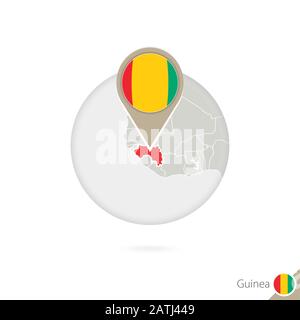 Guinea mappa e bandiera in cerchio. Mappa di Guinea, bandiera della Guinea. Mappa della Guinea nello stile del globo. Illustrazione Vettoriale. Illustrazione Vettoriale