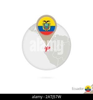 Ecuador mappa e bandiera in cerchio. Mappa di Ecuador, Ecuador bandiera pin. Mappa dell'Ecuador nello stile del globo. Illustrazione Vettoriale. Illustrazione Vettoriale