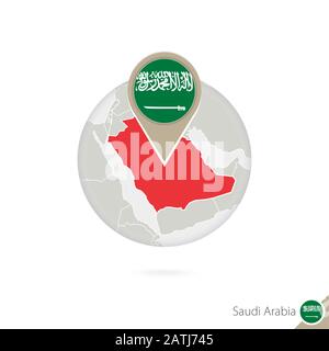 Arabia Saudita mappa e bandiera in cerchio. Mappa di Arabia Saudita, bandiera Arabia Saudita pin. Mappa dell'Arabia Saudita nello stile del mondo. Illustrazione Vettoriale. Illustrazione Vettoriale