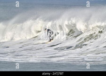 Surfisti invernali cavalcando onde Cherry Hill, Arties Cove, Nova Scotia, Canada. Foto Stock