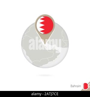 Bahrain mappa e bandiera in cerchio. Mappa del Bahrain, bandiera del Bahrain pin. Mappa del Bahrain nello stile del globo. Illustrazione Vettoriale. Illustrazione Vettoriale