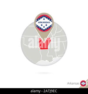 Arkansas Stati Uniti e bandiera in cerchio. Mappa di Arkansas, Arkansas flag pin. Mappa dell'Arkansas nello stile del mondo. Illustrazione Vettoriale. Illustrazione Vettoriale