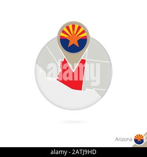 Arizona Stati Uniti mappa e bandiera in cerchio. Mappa di Arizona, Arizona bandiera pin. Mappa dell'Arizona nello stile del mondo. Illustrazione Vettoriale. Illustrazione Vettoriale