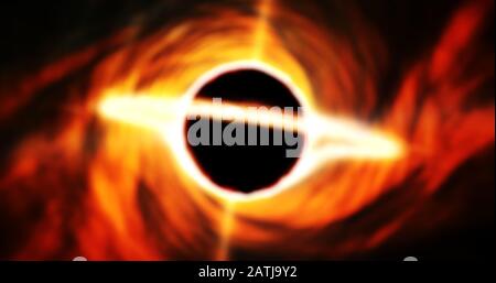 Spazio del foro nero. Stella con l'anello di turbolenza della nuvola di materia e getti di energia. Vortice nella galassia intorno all'oggetto scuro. Gravitazione, astronomia, universo, cos Foto Stock