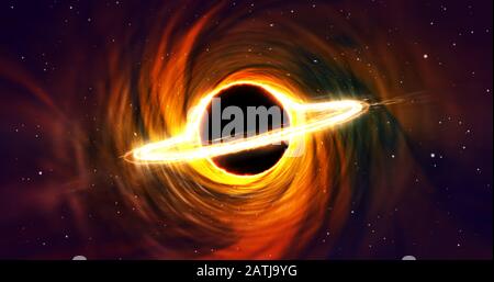 Spazio del foro nero. Stella con l'anello di turbolenza della nuvola di materia e getti di energia. Vortice nella galassia intorno all'oggetto scuro. Gravitazione, astronomia, universo, cos Foto Stock