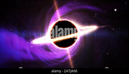 Spazio del foro nero. Stella con l'anello di turbolenza della nuvola di materia e getti di energia. Vortice nella galassia intorno all'oggetto scuro. Gravitazione, astronomia, universo, cos Foto Stock