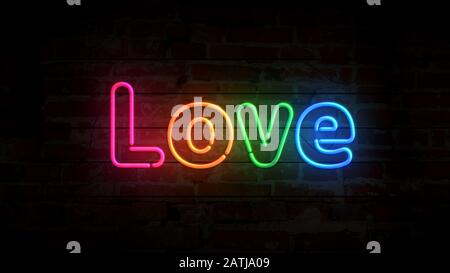 Simbolo del cuore simbolo neon sulla parete di mattoni. Lampadine con amore romanticismo, datazione, cardiologia, salute ed emozioni. Illustrazione del concetto astratto 3d. Foto Stock