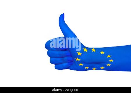 Bandiera Unione europea dipinta a mano che mostra pollici in su Foto Stock