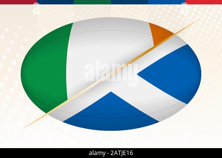 Irlanda contro Scozia, concetto per il torneo di rugby. Vector flags palla di Rugby stilizzata. Illustrazione Vettoriale