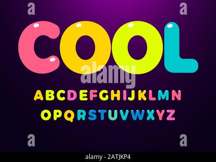 Set di lettere dai colori vivaci. Grassetto rotondo lucido stile bambino alfabeto. Font per eventi, promozioni, logo, banner, monogramma e poster. Vettore Illustrazione Vettoriale