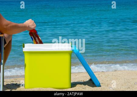 Un braccio umano sta prendendo una bottiglia di birra dal frigorifero portatile Foto Stock