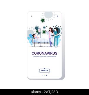 Coronavirus infettare il concetto di diagnosi di controllo medico con l'infermiere in maschere esaminare la malattia paziente sdraiato in letto epidemia MERS-cov influenza galleggiante full length copia spazio mobile app vettore illustrazione Illustrazione Vettoriale