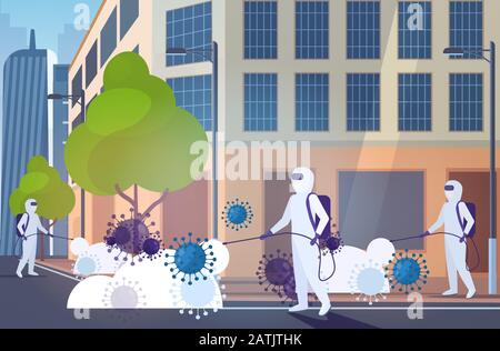 Gli scienziati in hazmat si addice alla pulizia disinfezione delle cellule di coronavirus epidemia virus MERS-cov wuhan 2019-nCoV pandemia di salute rischio moderno città strada paesaggio urbano sfondo orizzontale vettore illustrazione Illustrazione Vettoriale